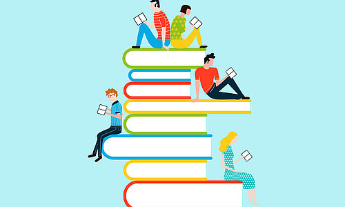 Bücherstapel wie Treppe mit Personen