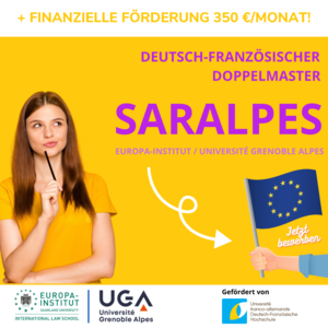 Werbung Doppelstudium SARALPES, denkende Frau und Europa-Flagge in der Hand